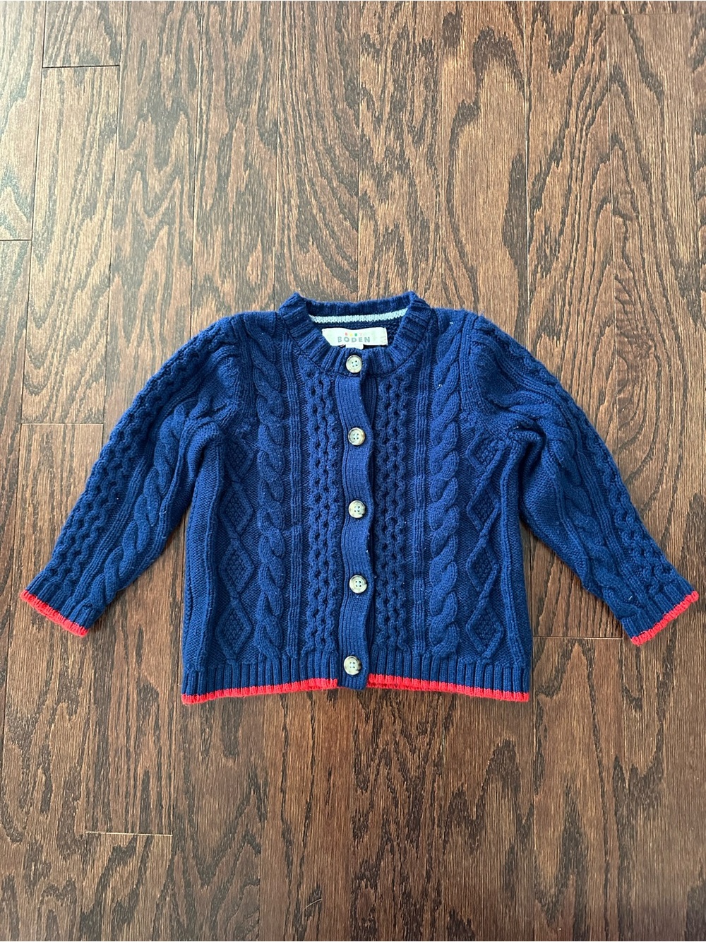 Baby Boden Navy Cable-Knit Cardigan with Red Trim -wool blend